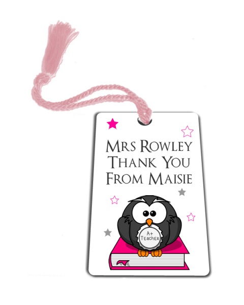 Personalised Pink Owl Thank You Teacher Gift Metal Bookmark